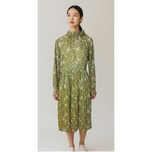 Retro Style Ditsy Floral Midi Dress Semi-Sheer Bow Neck Tie Pleated Whimsy